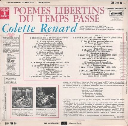 [Pochette de Pomes libertins du temps pass (Colette RENARD) - verso]