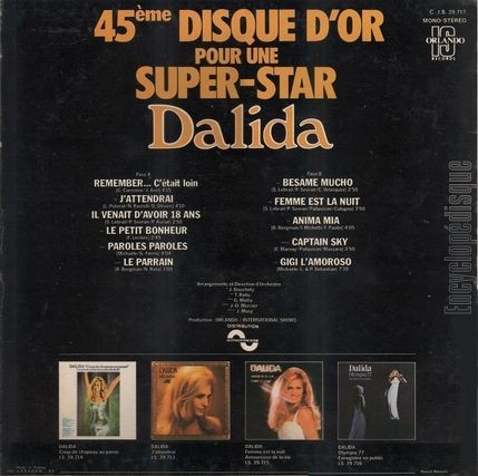 [Pochette de 45me Disque d’Or pour une Super-Star (DALIDA) - verso]