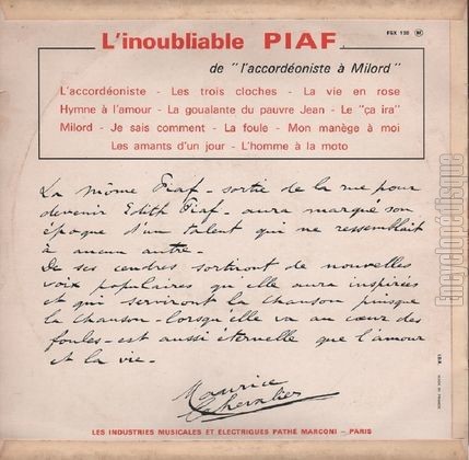 [Pochette de L’inoubliable Piaf (dith PIAF) - verso]