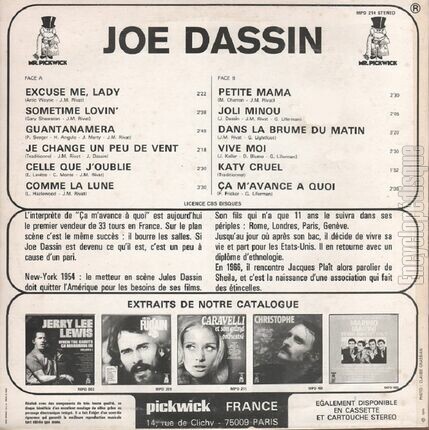 [Pochette de Excuse me Lady (Joe DASSIN) - verso]