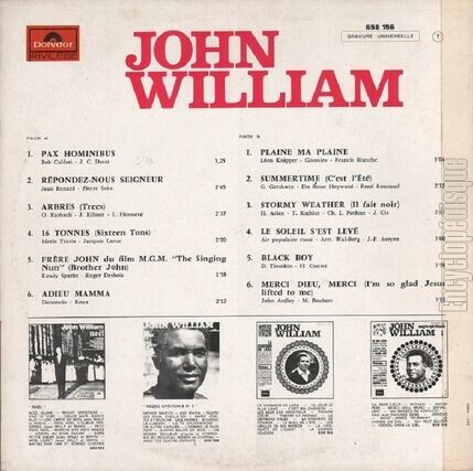 [Pochette de Chansons - Volume 2 (John WILLIAM) - verso]