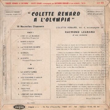 [Pochette de A l’Olympia (Colette RENARD) - verso]