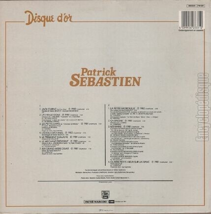 [Pochette de Disque d’or (Patrick SBASTIEN) - verso]