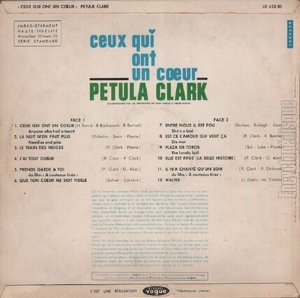 [Pochette de Ceux qui ont un cœur (Petula CLARK) - verso]