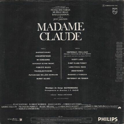 [Pochette de Madame Claude (Serge GAINSBOURG) - verso]