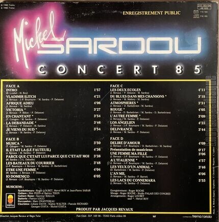 [Pochette de Concert 85 (Michel SARDOU) - verso]