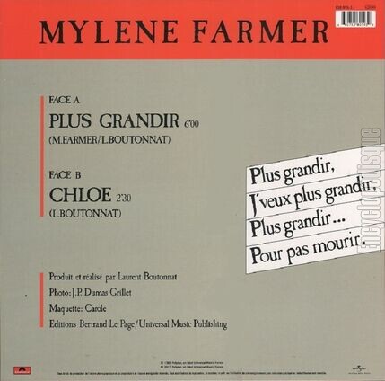 [Pochette de Plus grandir (Mylne FARMER) - verso]