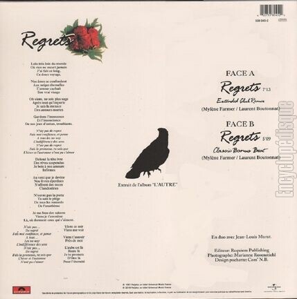 [Pochette de Regrets - Extended Club Remix (Mylne FARMER et Jean-Louis MURAT) - verso]