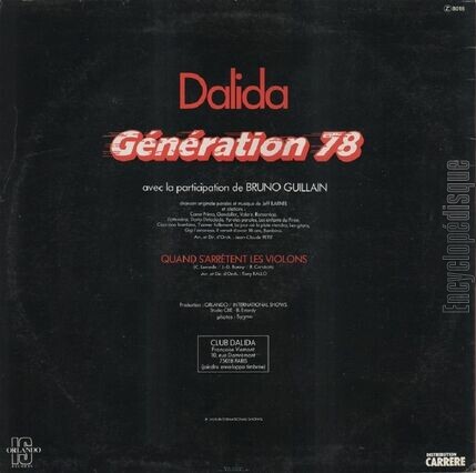 [Pochette de Gnration 78 (DALIDA et Bruno GUILLAIN) - verso]