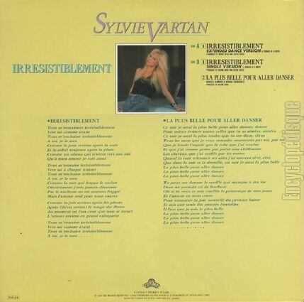 [Pochette de Irrsistiblement - Extended dance version (Sylvie VARTAN) - verso]