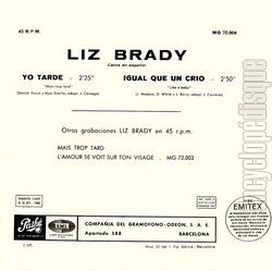 [Pochette de Yo tarde (Liz BRADY) - verso]