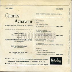 [Pochette de Trop tard (Charles AZNAVOUR) - verso]