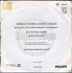 [Pochette de Quand les hommes vivront d’amour (Gilles VIGNEAULT, Robert CHARLEBOIS et Flix LECLERC) - verso]