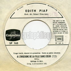 [Pochette de  l’enseigne de la fille sans cœur (dith PIAF)]