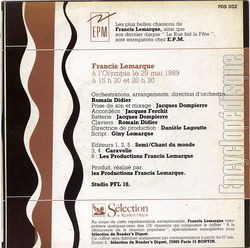 [Pochette de Francis Lemarque  l’Olympia le 29 mai 1989 (Francis LEMARQUE) - verso]