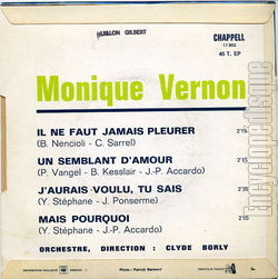 [Pochette de Il ne faut jamais pleurer (Monique VERNON) - verso]