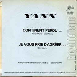 [Pochette de Continent perdu (continue continue) (YANN (2)) - verso]