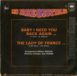 [Pochette de Baby I need you back again (Les IRRESISTIBLES) - verso]