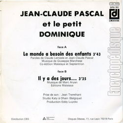 [Pochette de Le monde a besoin des enfants (Jean-Claude PASCAL et le petit DOMINIQUE) - verso]