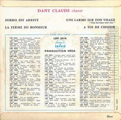 [Pochette de Une larme sur ton visage (Dany CLAUDE) - verso]