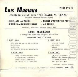 [Pochette de Chante les airs du film "Srnade au Texas" (Luis MARIANO) - verso]