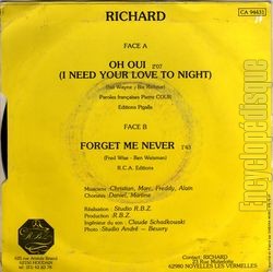 [Pochette de Oh oui (I need your love tonight) (RICHARD (2)) - verso]