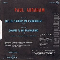 [Pochette de Que les saisons me pardonnent (Pal ABRAHAM) - verso]