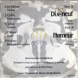 [Pochette de Dix-neuf (HUMEURS) - verso]