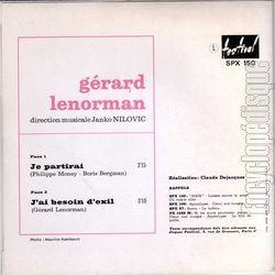 [Pochette de Je partirai • J’ai besoin d’exil (Grard LENORMAN) - verso]