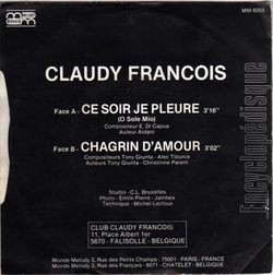 [Pochette de Ce soir, je pleure (Claudy FRANOIS) - verso]