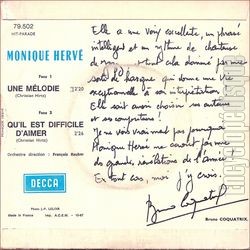 [Pochette de Une mlodie (Monique HERV) - verso]