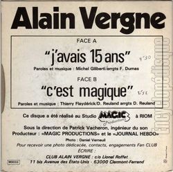 [Pochette de J’avais 15 ans (Alain VERGNE) - verso]