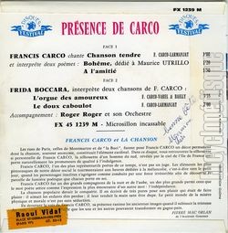 [Pochette de Prsence de Carco (Frida BOCCARA et Francis CARCO) - verso]