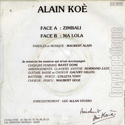 [Pochette de Zimbali (Alain KO) - verso]