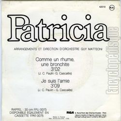 [Pochette de Comme un rhume, une bronchite (PATRICIA) - verso]