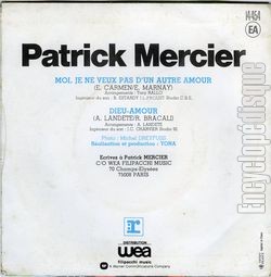 [Pochette de Moi, je ne veux pas d’un autre amour (Patrick MERCIER) - verso]