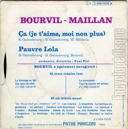 [Pochette de a (Je t’aime moi non plus) / Pauvre Lola (BOURVIL et Jacqueline MAILLAN) - verso]