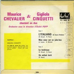 [Pochette de L’Italiano (Gigliola CINQUETTI et Maurice CHEVALIER) - verso]