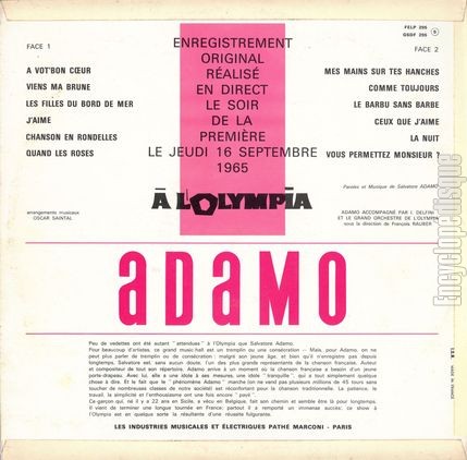 [Pochette de  l’Olympia (Salvatore ADAMO) - verso]