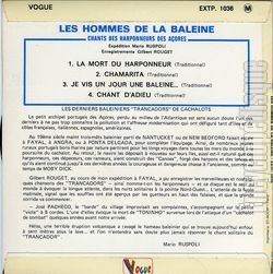 [Pochette de Les hommes de la baleine "Chants des harponneurs des Aores" (DOCUMENT) - verso]