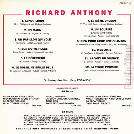 [Pochette de La terre promise (Richard ANTHONY) - verso]