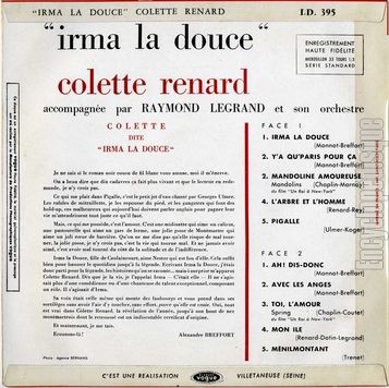 [Pochette de Irma la douce (Colette RENARD) - verso]