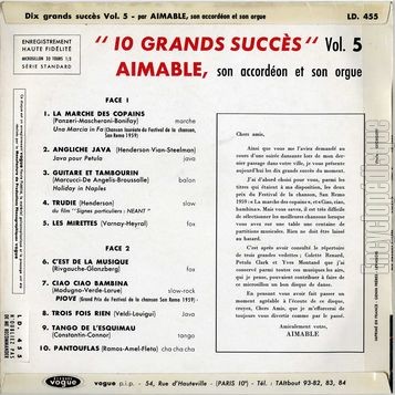 [Pochette de 10 grands succs par Aimable vol. 5 (AIMABLE) - verso]