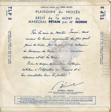 [Pochette de Plaidoirie du procs et rcit de la mort du marchal ptain par Me Isori (DOCUMENT) - verso]