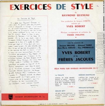 [Pochette de Exercices de style de Raymond Queneau (Yves ROBERT (et sa compagnie) et les FRRES JACQUES) - verso]