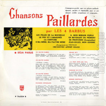 [Pochette de Chansons paillardes (Les QUATRE BARBUS) - verso]