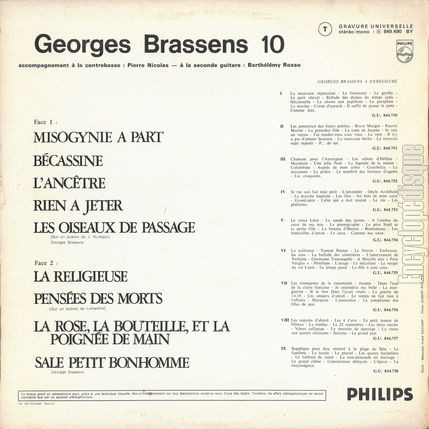 [Pochette de X (Georges BRASSENS) - verso]