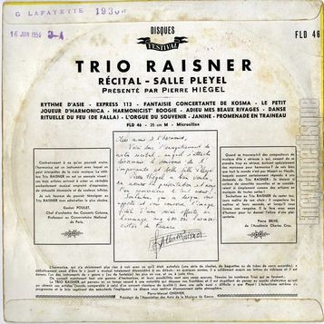 [Pochette de Rcital d’harmonica - Salle Pleyel 1954 (TRIO RAISNER) - verso]