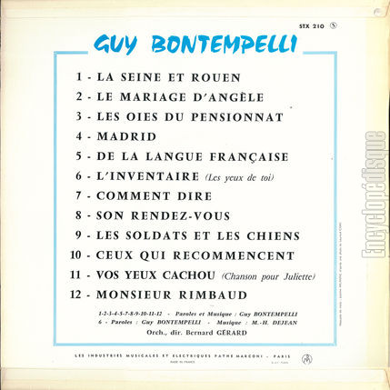 [Pochette de Bontempelli (Guy BONTEMPELLI) - verso]