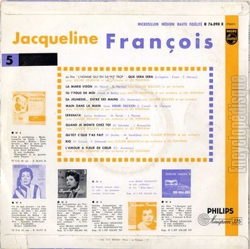 [Pochette de N 5 (Jacqueline FRANOIS) - verso]